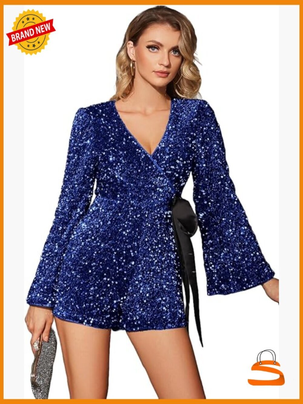 V-Neck Sequin Romper Long Sleeve Disco Dance Party Jumpsuit Wrap Front